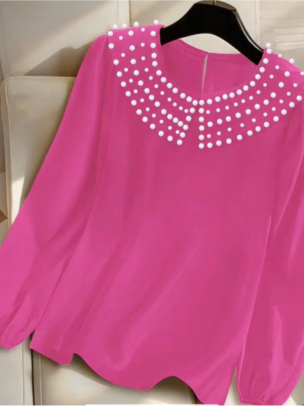 SHEIN Fuchsia Pearl-Embellished Long Sleeve Blouse